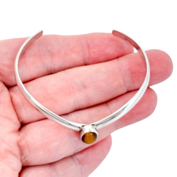 Tiger's Eye Cabochon Chevron Cuff | Vintage Sterling Silver 925 Bracelet | 7" - Picture 1 of 8